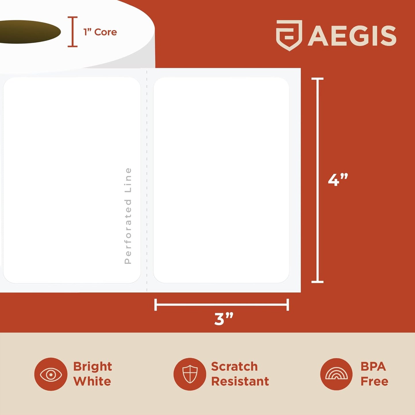 Aegis Adhesives - 4” X 3” Direct Thermal Labels for Shipping, Postage, Perforated & Compatible with Rollo, Zebra, & Other Desktop Label Printers (10 Rolls, 500/Roll)