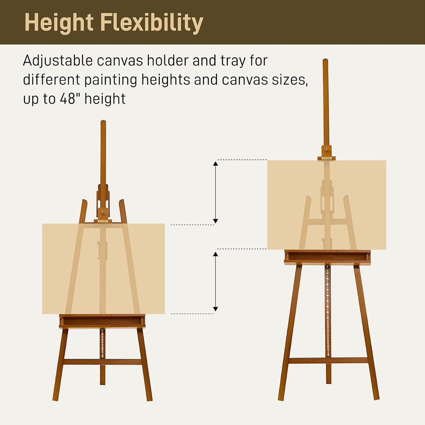 ATWORTH Studio Art Easel, Solid Beech Wood Artist Easel,Hold Canvas up to 48”, Adjustable A-Frame Lyre Style Painting Easel Stand with Storage Tray, Light Teak