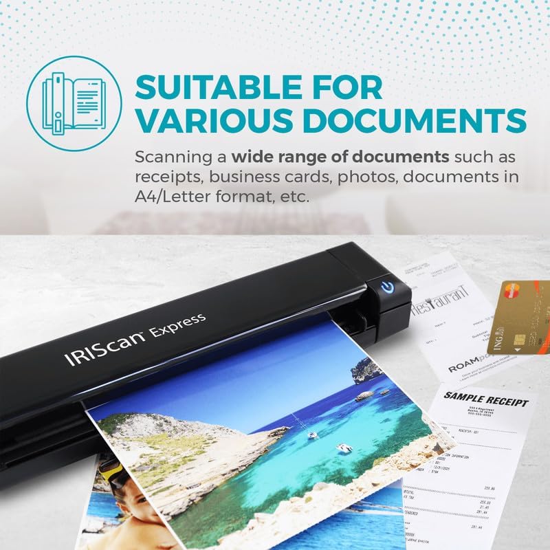 IRIScan Express v4 8PPM Portable Document Scanner - Simplex: Scan Directly to PDF, Word, Excel and Bus. Cards to Outlook. Receipt Scanner for Computers with USB Connectivity (Windows Only)