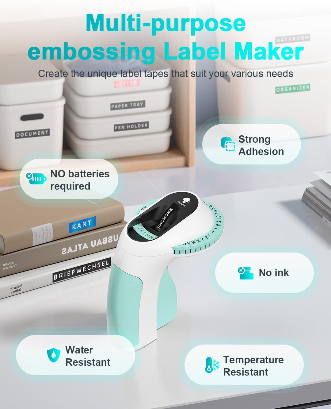 Phomemo Embossing Label Maker Machine with 6 Rolls Embossed Label, 3D Vintage Label Makers, Retro Embosser Labeling, Old School Emboss Labeler Ideal for Home, Kitchen, Office & DIY Crafts (Green)