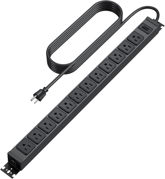 HHSOET 360° Rotating 12 Outlet Mountable Power Strip, Metal Gaming Table Mounted Outlet Strip, Heavy Duty Wall Mount Surge Protector with Switch, Works Great and Very Versatile, 15ft Power Cord.Black