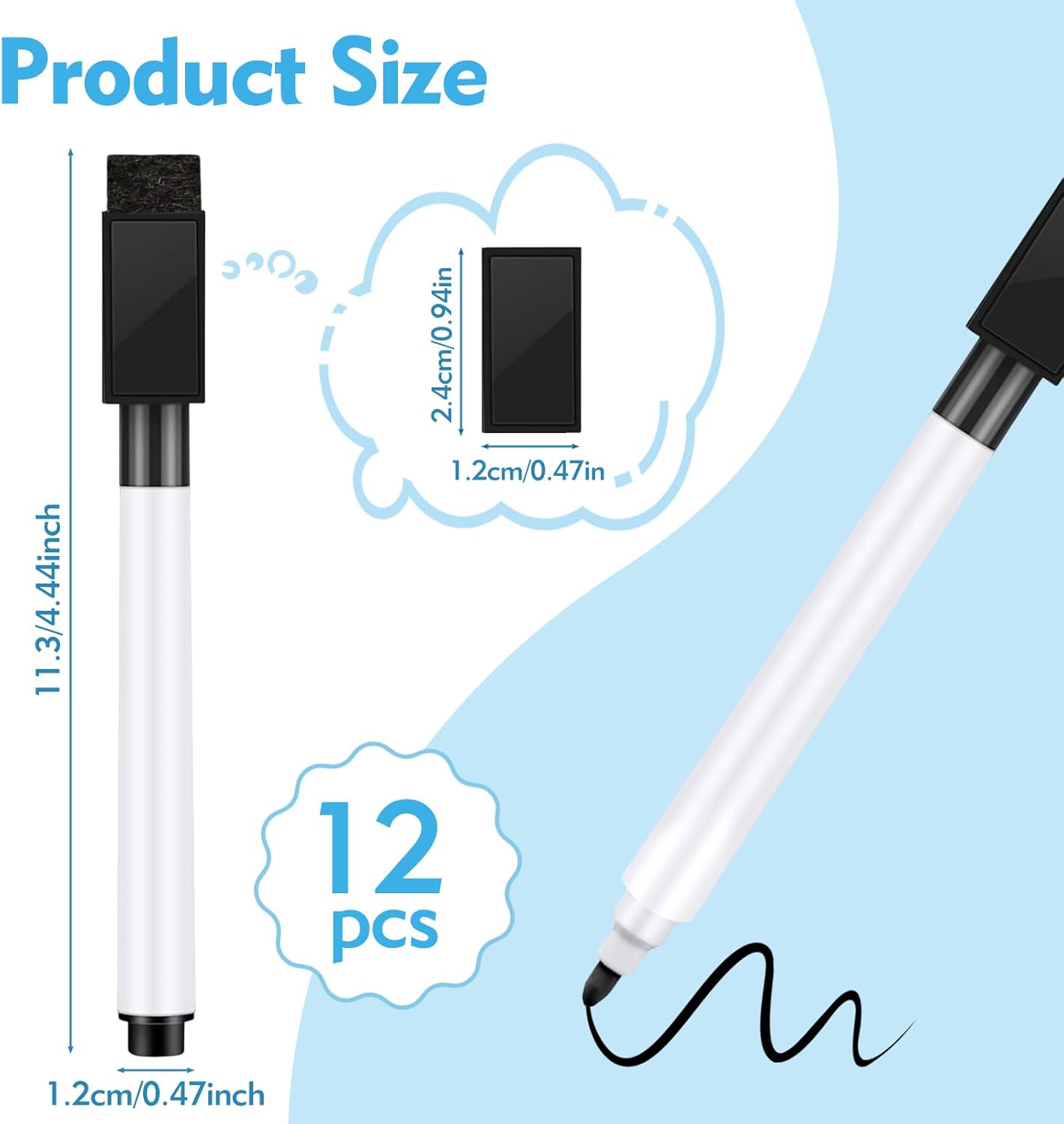 12 Pcs Black Dry Erase Markers, Whiteboard Dry Erase Markers Fine Tip Small Magnetic Dry Erase Marker with Eraser Cap for School, Home, Office Supplies
