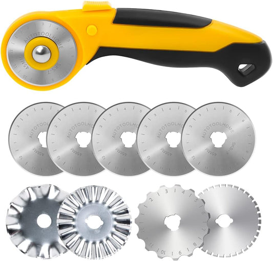 AUTOTOOLHOME 45mm Rotary Cutter with 9pcs Extra Blades Automatic Fabric Roller Cutter Perforator Crochet Edge Pinking Rotary Blades for Quilting, Sewing, Crafting