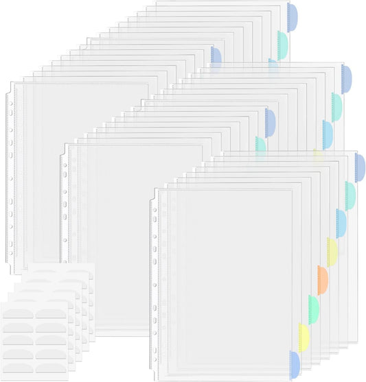 5 Set of 40 Pack A4 Plastic Sleeves Binder Index Dividers Pocket Dividers for 2/3/4 Ring Binder with 8 Tabs，Clear Plastic Sheet Protectors Paper Organizer for School Home Office