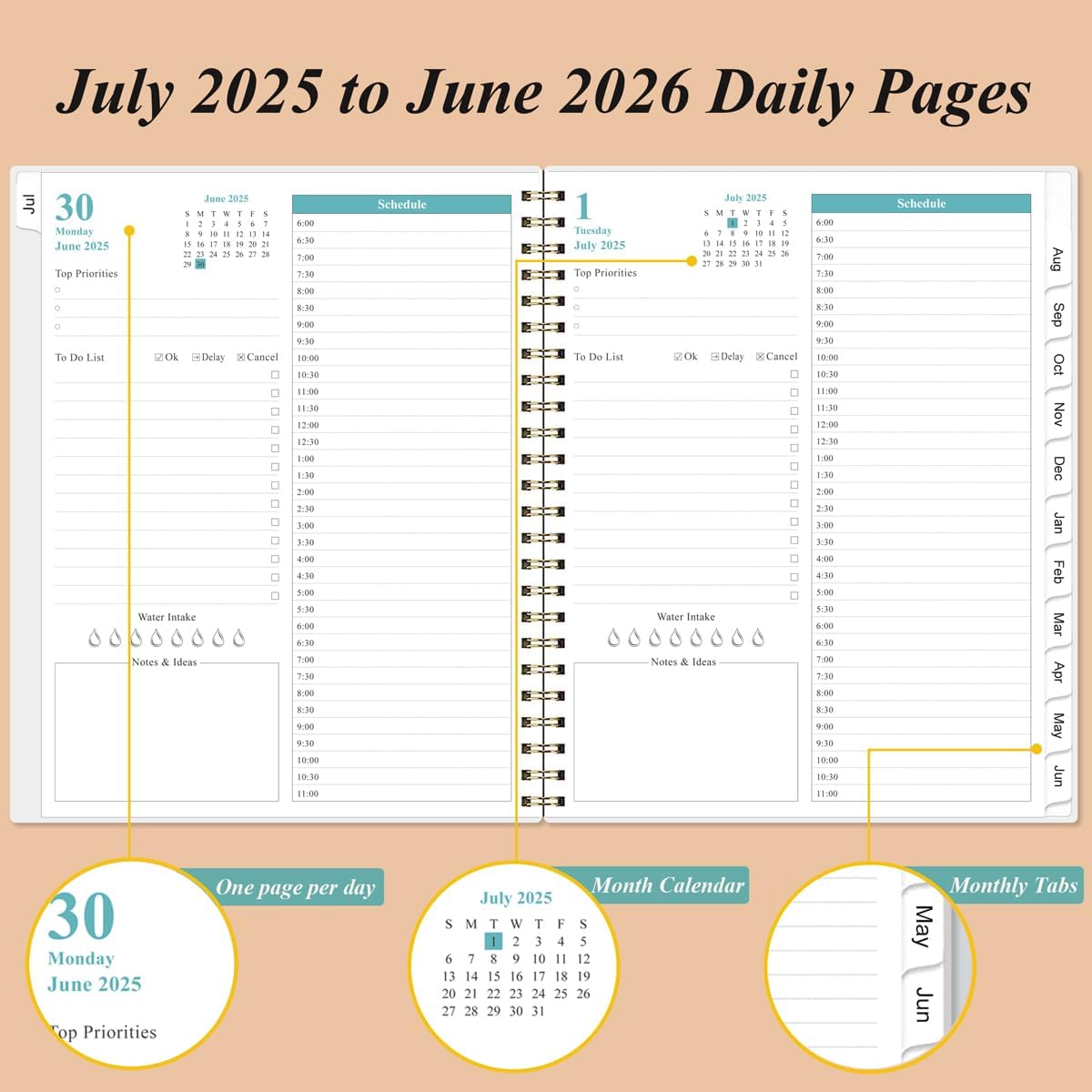 2025-2026 Daily & Monthly Planner - One Page Per Day, Daily Planner from July 2025 to June 2026, Planner 2025-2026 with 12 Monthly Tabs, 8.5" x 11", Rose Leaf