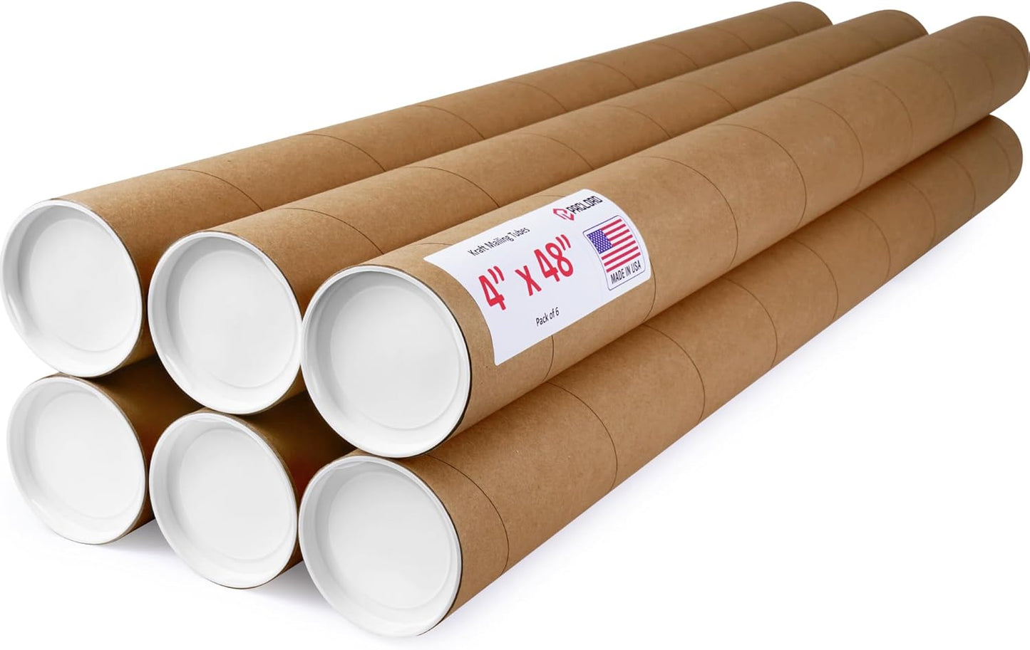 4" x 48" Reinforced Kraft Paper Mailing Tube, Pack of 6 Tube with 2 Caps Each – USPS Approved Poster Tube – Made in USA Cardboard Tube for Shipping and Storing Posters, Prints, Artwork, or Documents