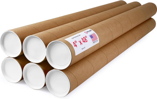 4" x 48" Reinforced Kraft Paper Mailing Tube, Pack of 6 Tube with 2 Caps Each – USPS Approved Poster Tube – Made in USA Cardboard Tube for Shipping and Storing Posters, Prints, Artwork, or Documents