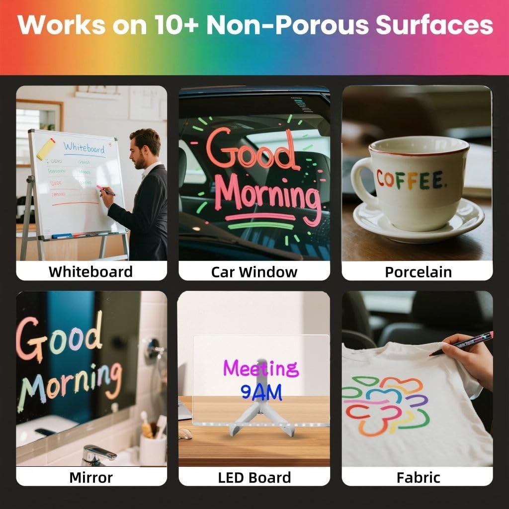 14-Color Neon Markers, erasable liquid chalk for LED Note Board, Whiteboard, Glass, Porcelain, Fabric – Non-Toxic, Quick-Dry, Safe for Kids, Anti-Choke Caps, Easy Erase