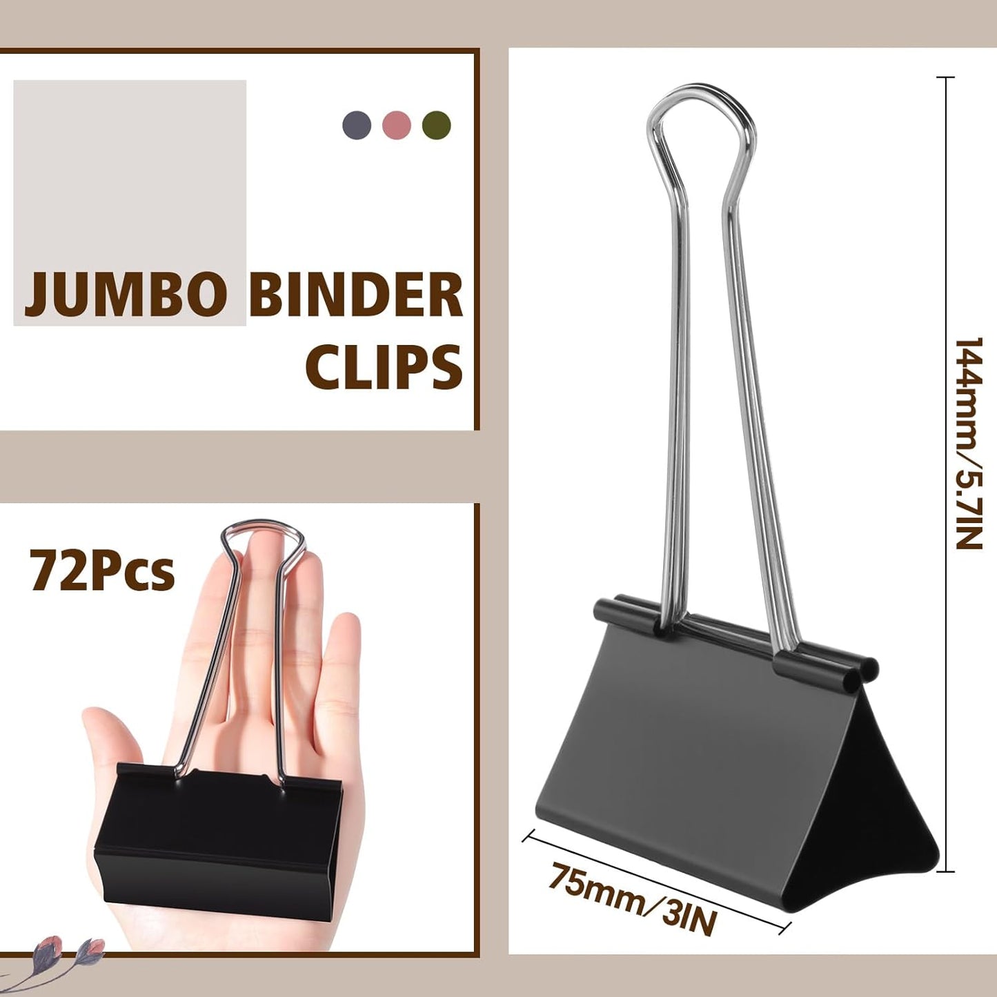 Jetec 72 Pcs 3 Inch Jumbo Binder Clips Extra Large Binder Clips Bulk Black Big Heavy Duty Metal Giant Large Paper Clamps for Office and Home Supplies Organization Kitchen Food Bags Drawing