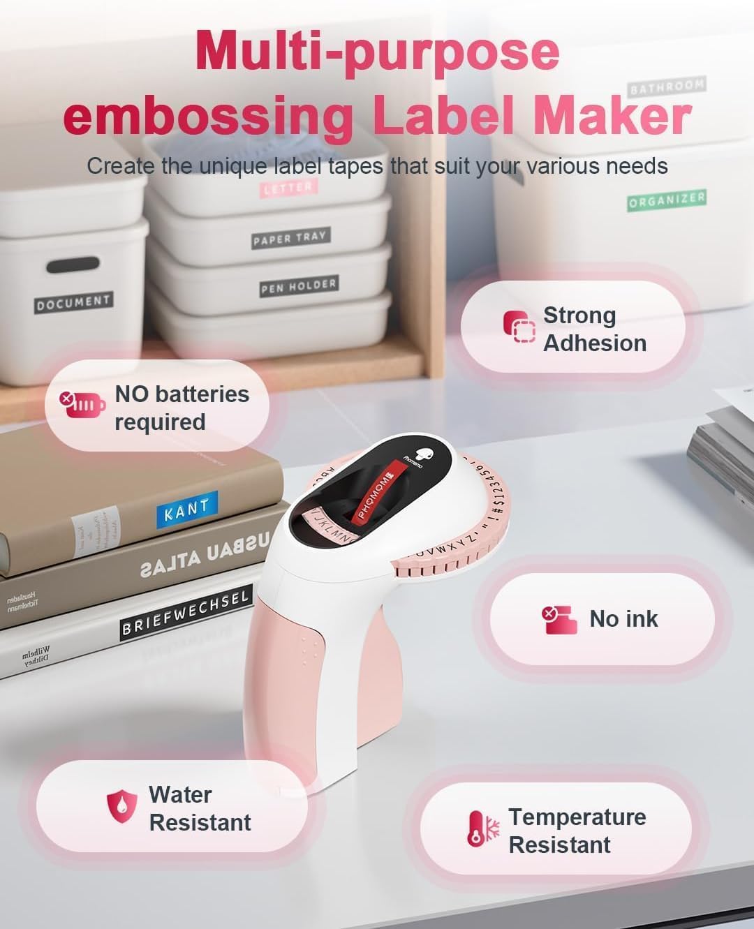 Phomemo Embossing Label Maker Machine, Retro Embossed Label Maker, Old School Embosser Labeler with 6 Rolls 3D Embossing Label Waterproof for Kid DIY Home School Supplies Office Organization, Pink