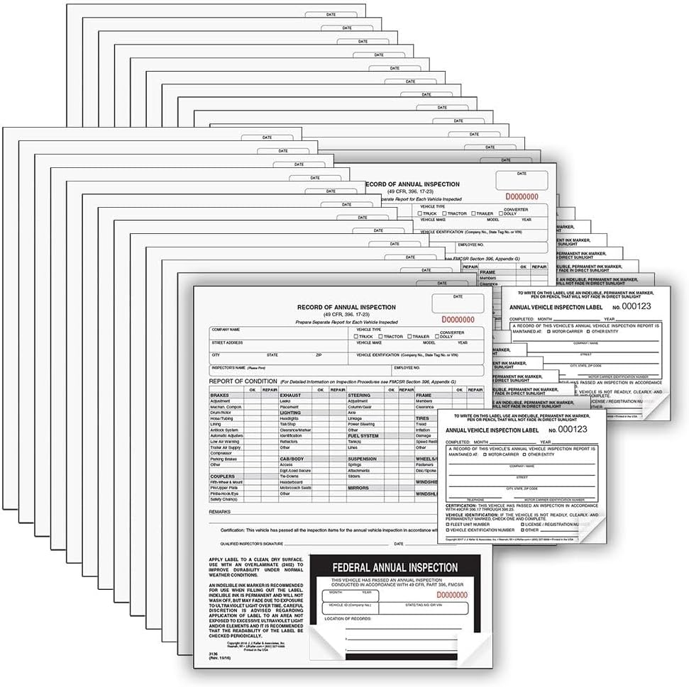 J. J. Keller 25-Pack, Record of Annual Inspection Form with Inspection Decal & Prenumbered Vinyl Adhesive Label 2-Ply, 2-Ply Carbonless Form, DOT Compliant