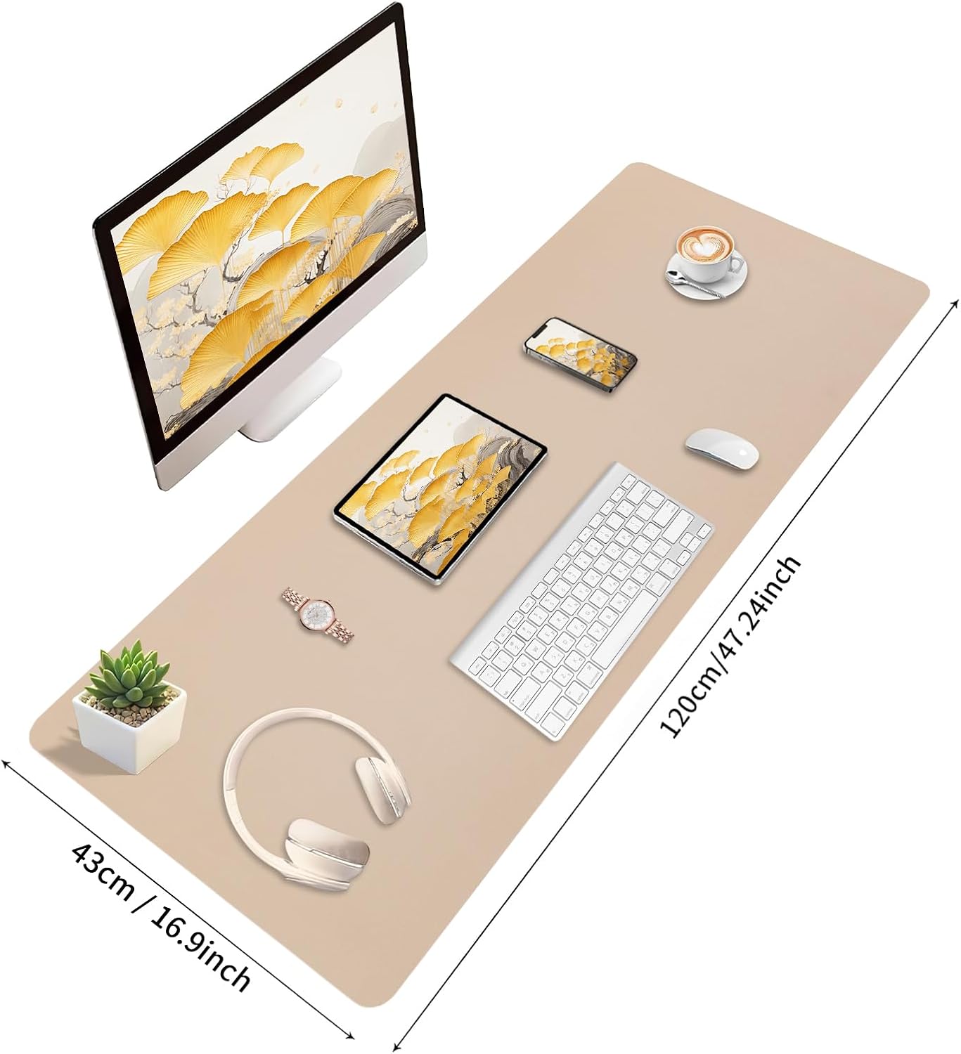 Bloss Extra Large Leather Desk Ma, 47.2" x 16.9" Non-Slip Dressing Table Cover Protector, Waterproof Student Study Desk Mat, Home Office Decor - Beige