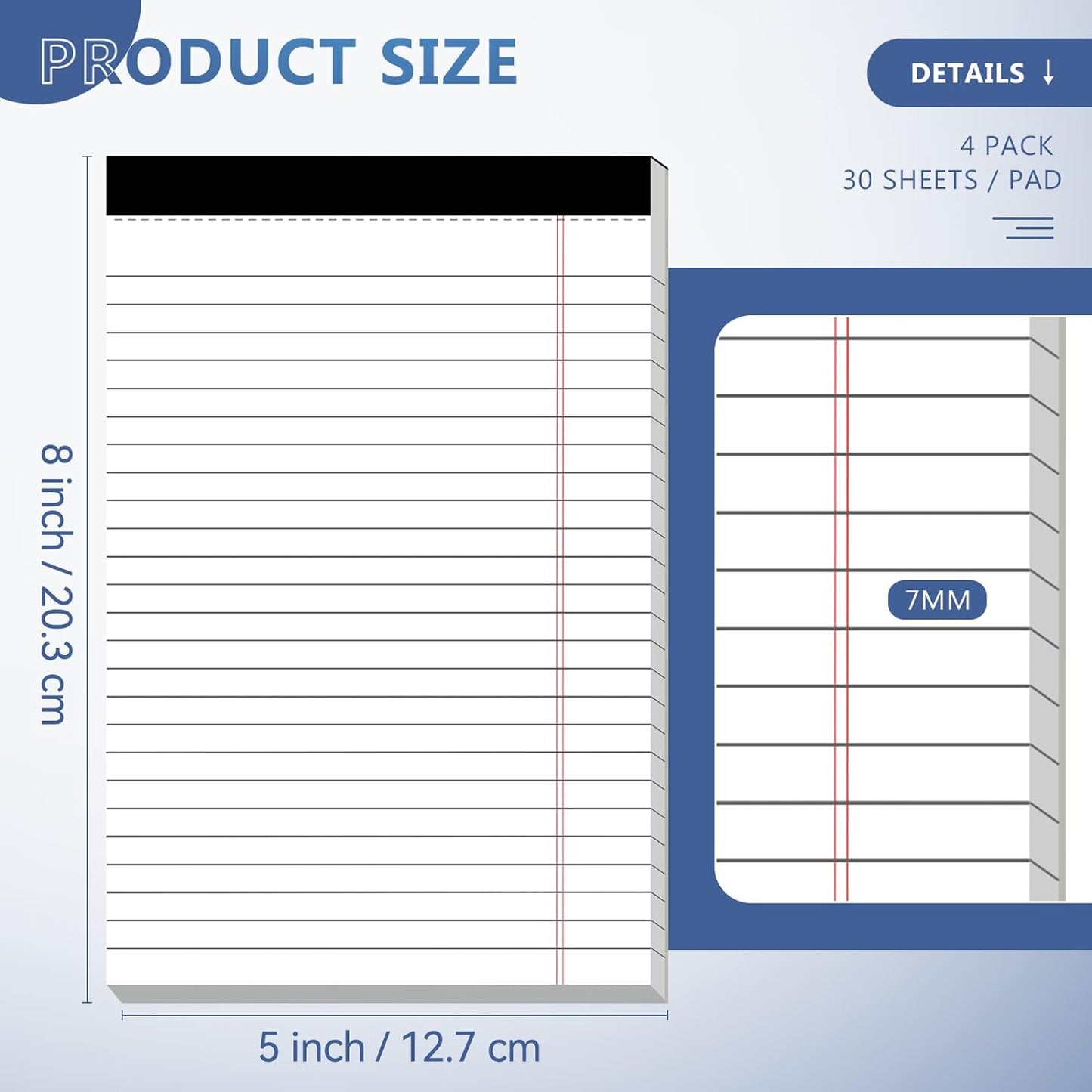 5" x 8" Note Pads 4 Pack of Legal Pads 21lb Notepad College Ruled Legal Pad 30 Sheets Perforated Small Writing Pads Double-Side Printed Pad of Paper for School, College, Office