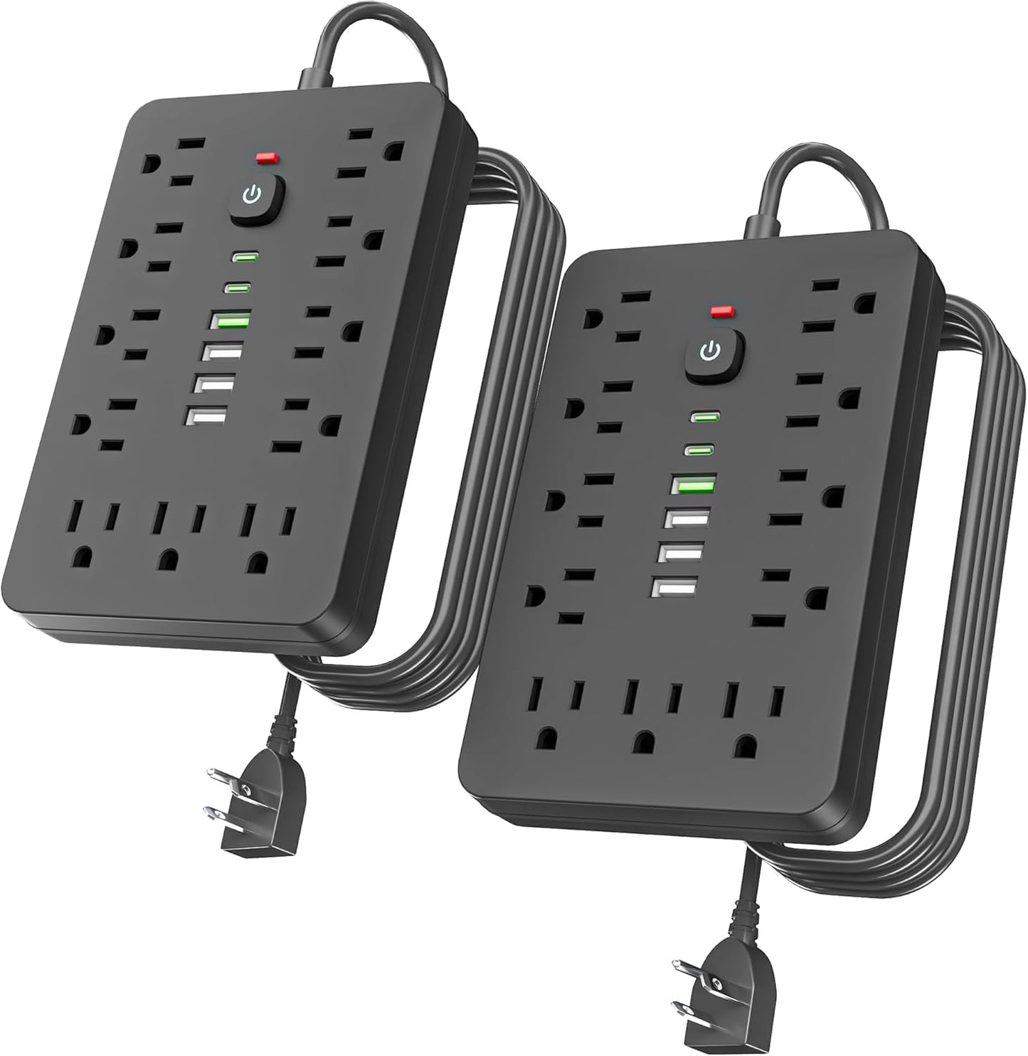 2PCS 5 FT Flat Plug Surge Protector Power Strip,11 Multiple AC Outlets with 6 USB Ports (2 USB C), 5 Feet Extension Cord, 1250W/10A, One Touch Switch Button, 17 in 1 Compact powerstrip