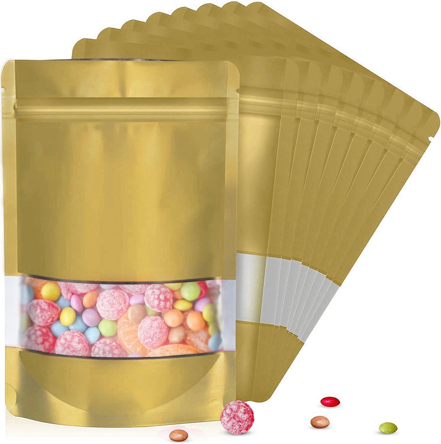 7.1"x10.2" 1 Quart 120pcs Mylar Bags for Food Storage,Smell Proof Bag with Matte Window Resealable Food Storage Bags for Small Business, Stand-up Foil Pouch Packaging Freeze Dried Candy Bag (Gold)