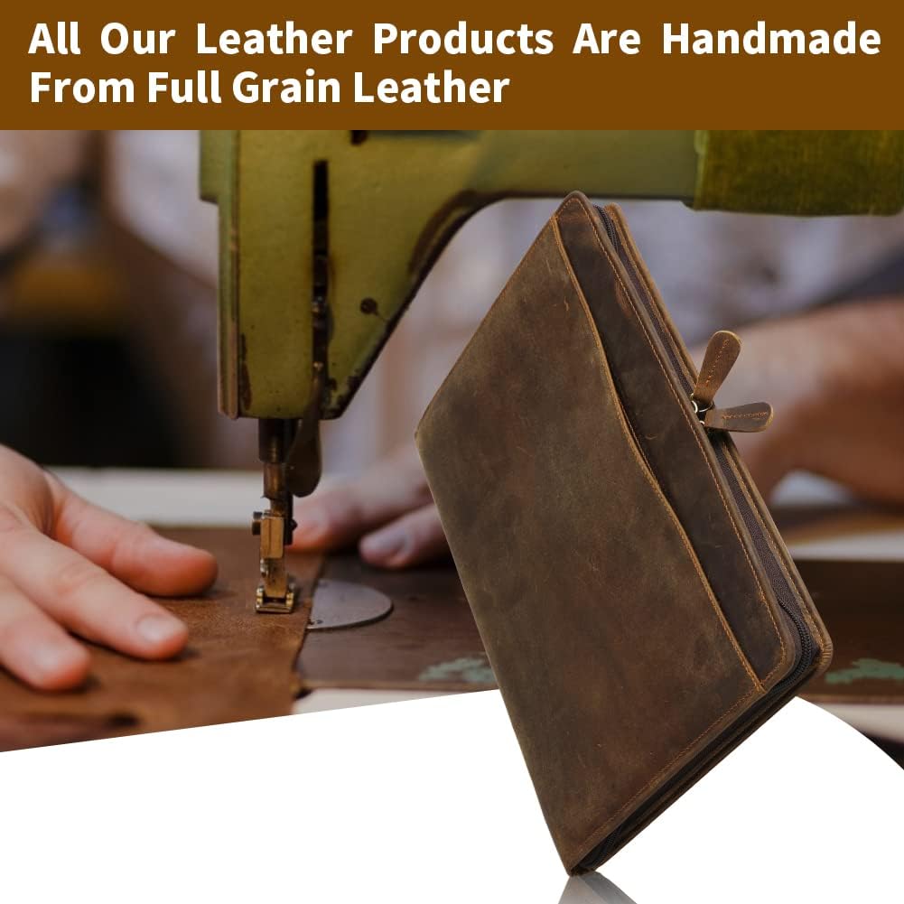 Ringsun Genuine Leather Portfolio with Zipper, Business Organizer for A4/Pad/Phone, Brown, RS63