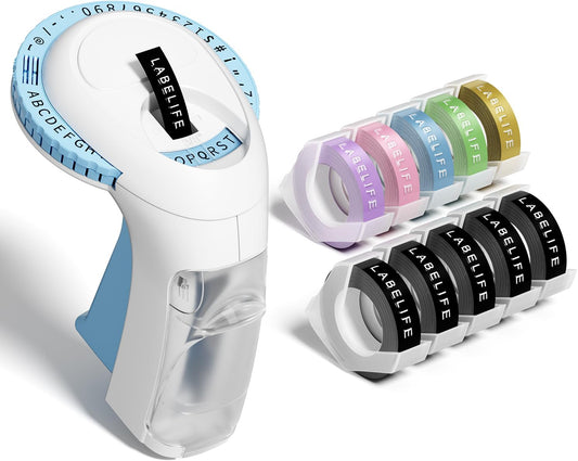 Labelife Embossing Label Maker Machine with Tapes,Omega S Vintage Embossed Label Maker,Retro Embossing Machine with 3 Rolls 3D Embossing Label Tapes Waterproof for Home Office Kids DIY Crafting, Blue