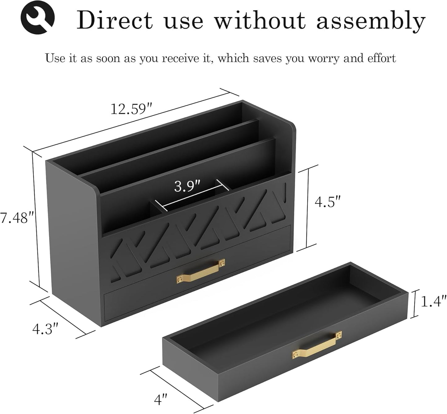 Bamboo Mail Organizer Countertop Wood Desk Organizer Drawer Tabletop Storage Box Letter Sorter Makeup Organizer for School Home Office Supplies Black