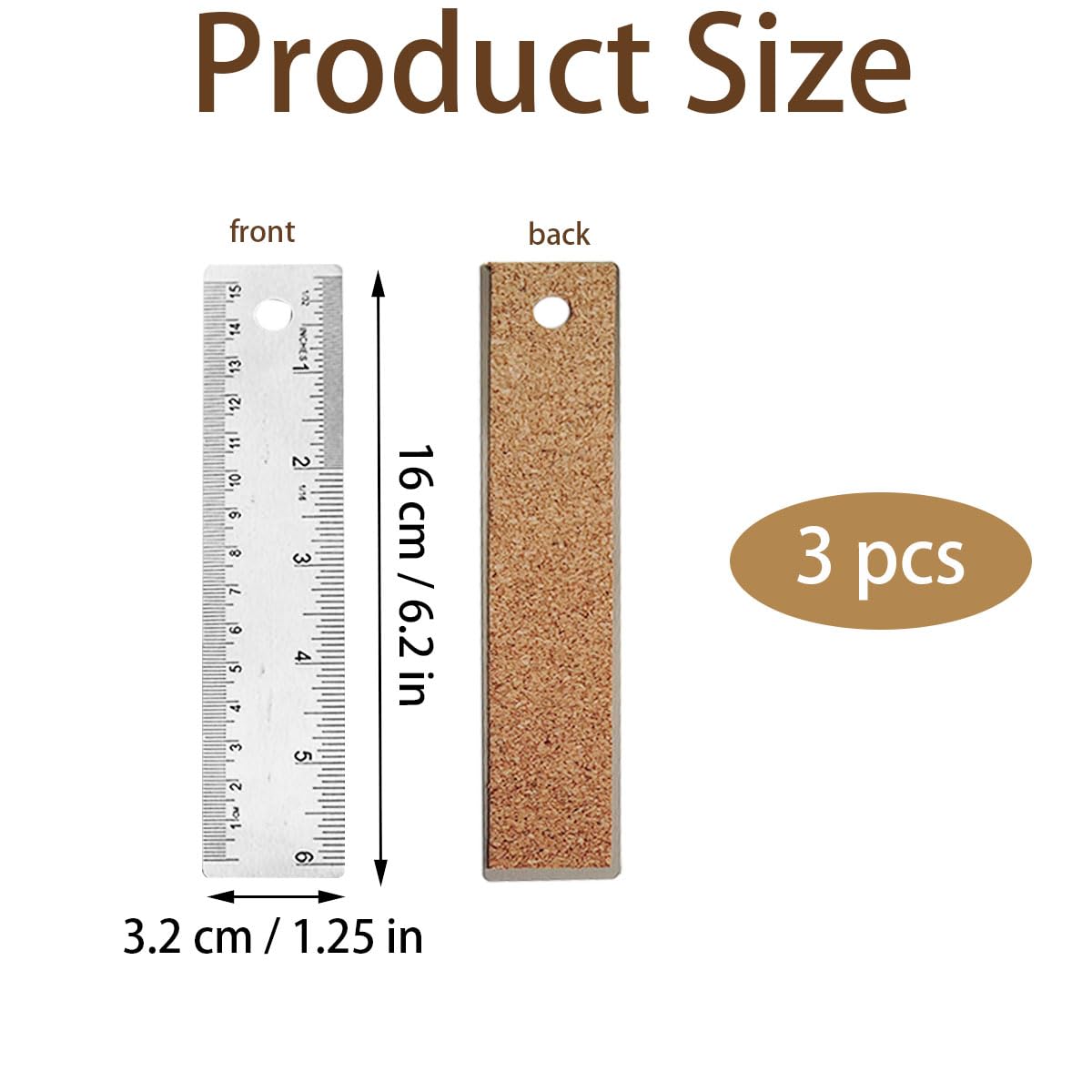 6-Inch Stainless Steel Metal Ruler with Non-Slip Cork Backing - 3 Pack