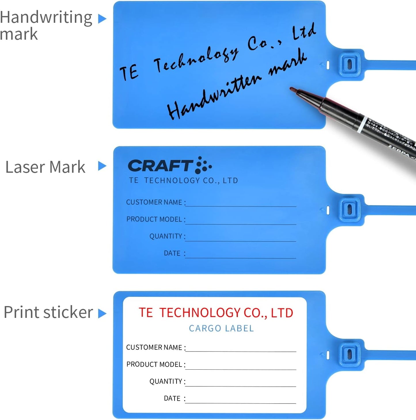 100 Blue Plastic Writable Shipping Tags - Large, Waterproof, Hanging Labels with One Permanent Marker Pen