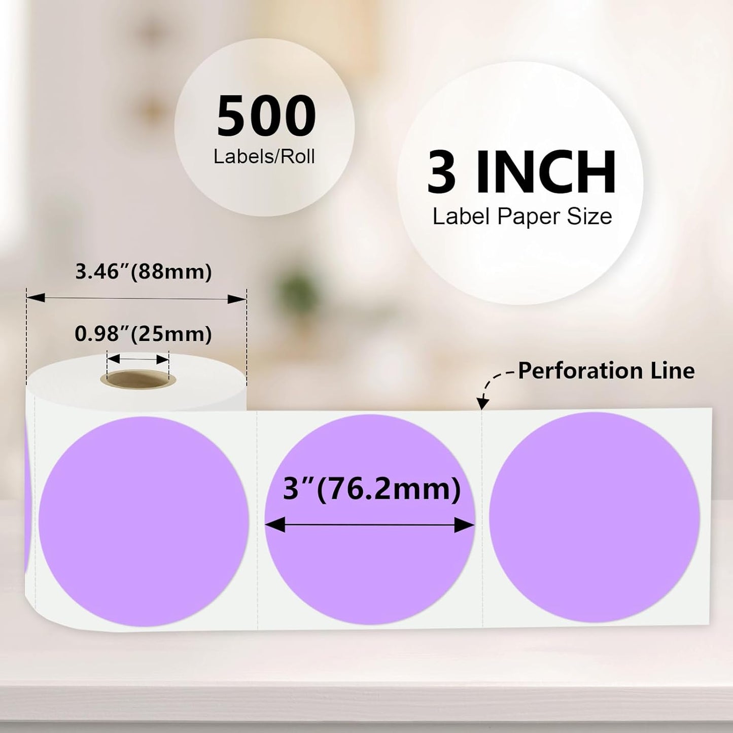 3 X 3 Inch Color Coding Dot Labels Circle Thermal Printable Waterproof 500 Pcs Round Stickers Adhesive Writable for Office, Home, Garage, DIY Sticker, Barcodes, Name Tag, Light Purple