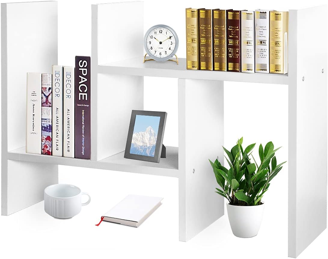 J.M.Deco Desktop Organizers and Storage for Office, Adjustable Desktop Organizer Shelves Double H Display, Desktop Shelf Organizer True Natural Stand Shelf (White)