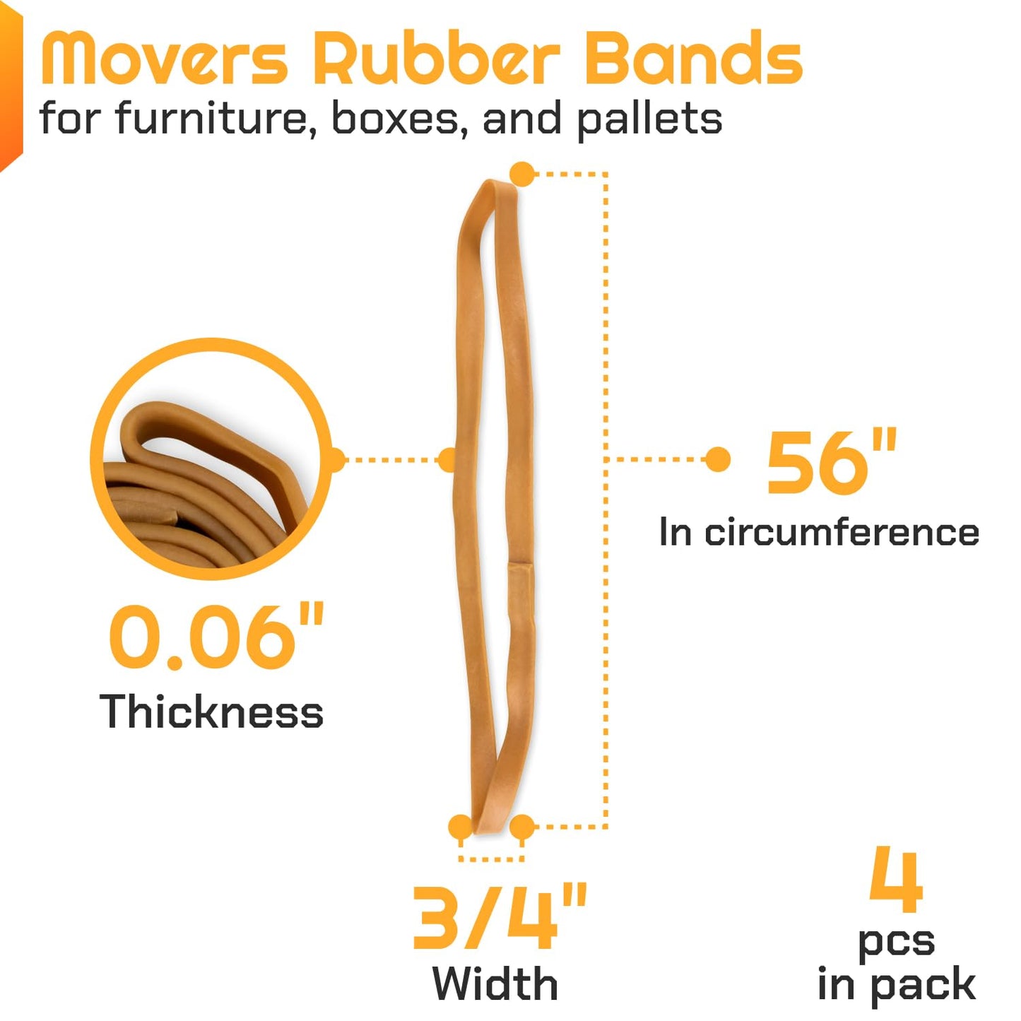 IDL Packaging 56" Strong, Elastic & Flexible Rubber Bands, Pack of 4, Beige - 2X Elasticity, 80% Natural Rubber - Extra Strong Mover Bands for Furniture, Boxes, Moving Blankets