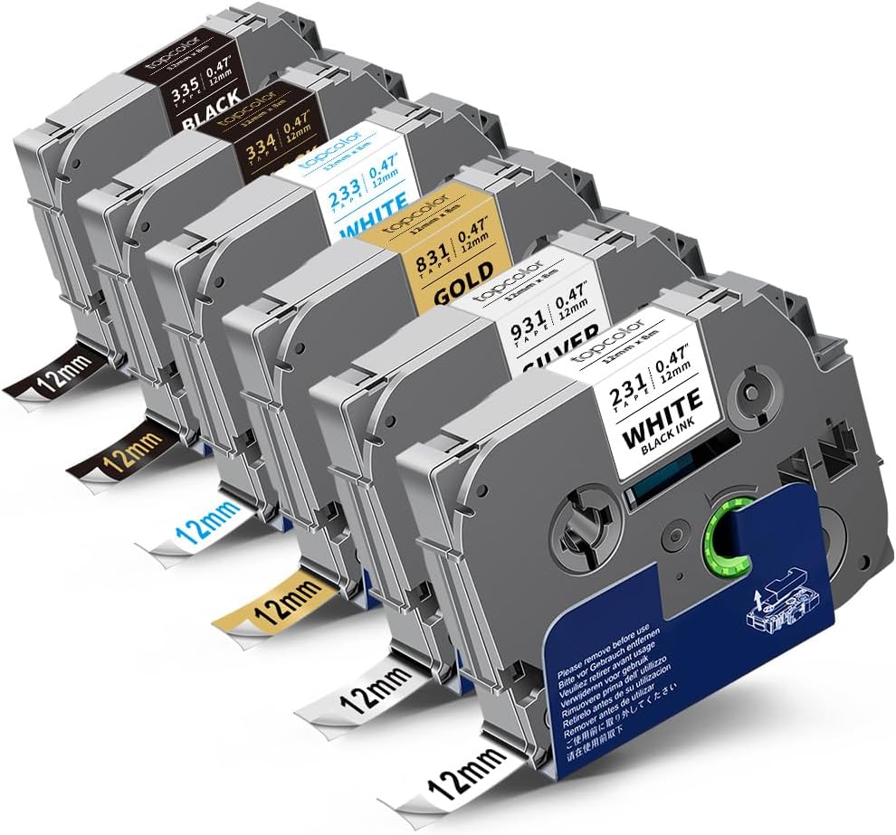 6-Pack 12mm 0.47" Laminated Multi-Color Label Tape Compatible for Brother Tze-931 Tze-831 Tze-233 Tze-334 Tze-335 P Touch Tape Tze Tz 12mm 0.47" Color for PTH110 PTD220 PTD210 PTD400 PTD610BT