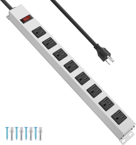 JUNNUJ Metal 8 Outlet Power Strip, Mountable Heavy Duty Power Strip, 1200J Surge Protector Wall Mount Screws Outlet with Switch, Gaming Desk Strips Wide Spaced 15A 125V 1875W, 3 FT 14AWG Power Cord