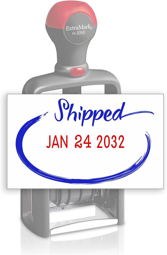 Heavy Duty Style Office Date Stamp with Shipped - Self Inking Dater - Style C - Blue & Red Ink Color