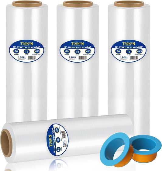 4-Pack 18" Stretch Wrap Rolls - 80 Gauge Industrial Strength Clear Film, 1200ft Length with Plastic Handle Option - Heavy Duty Self-Adhering for Moving, Shipping, Pallet Packing