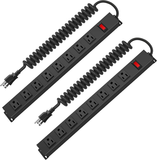 2Pack 8 Outlet Metal Wall Mount Power Strip, Mountable Outlet with Switch, Heavy Duty Wide Spaced Surge Protector, 4 FT SJT 14AWG Black Spring Cord.