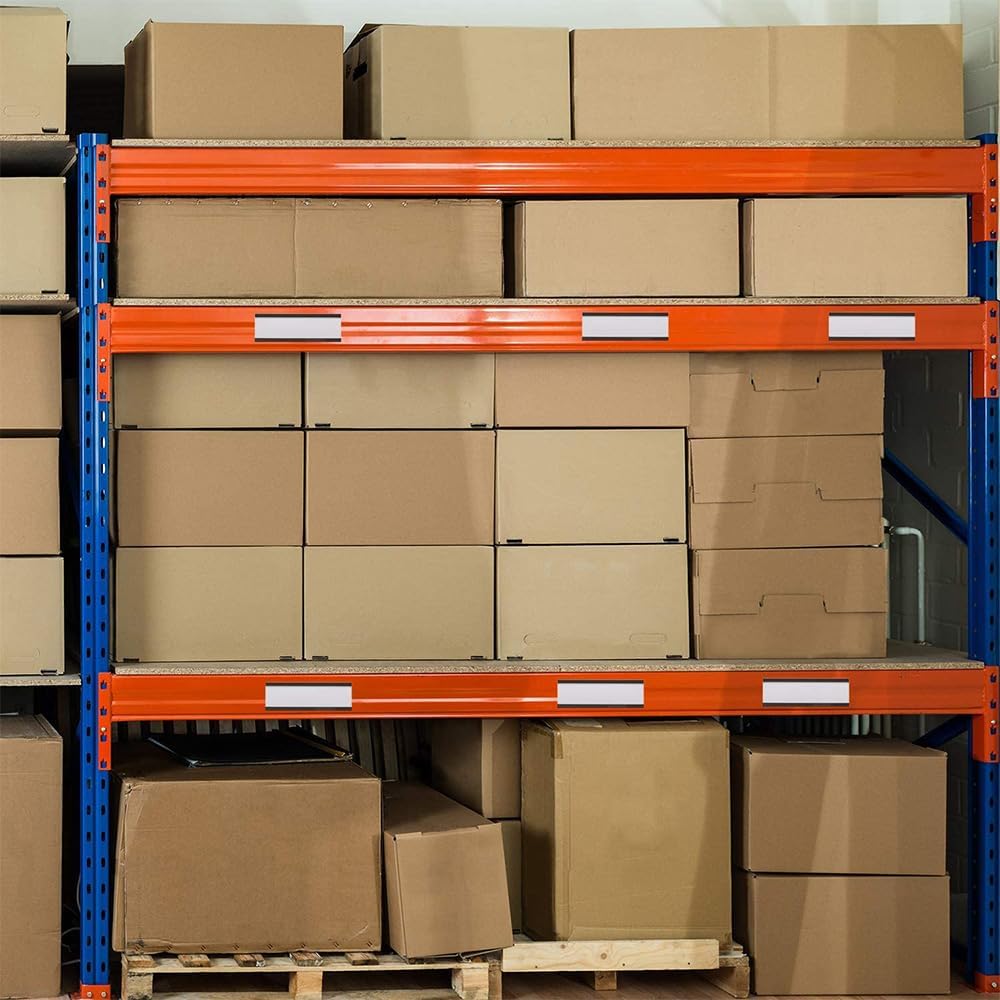 50 Pack C-Channel Magnetic Label Holders (1″ x 3″) with Paper Inserts & Clear Covers – Durable Magnetic Shelf & File Cabinet Labels for Metal Surfaces