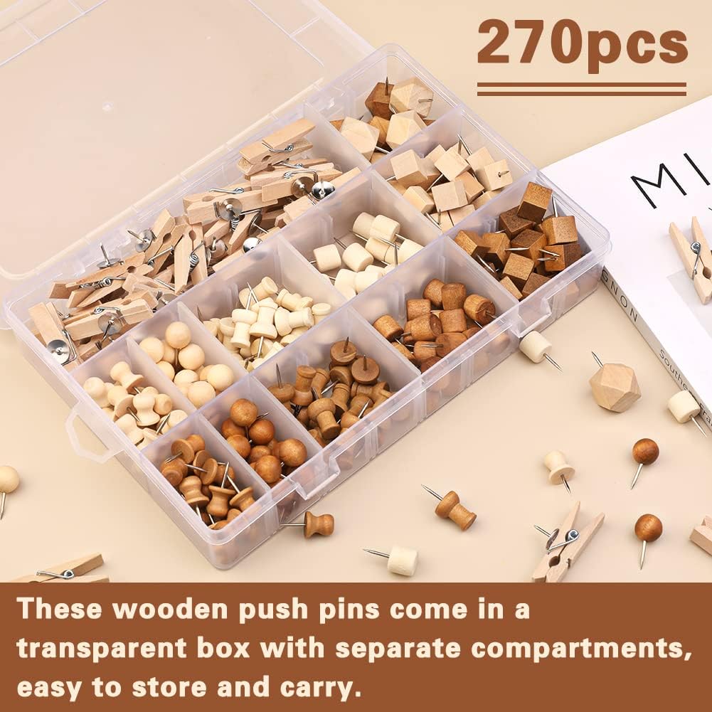 270 Pcs Wood Push Pins, 2 Colors and 7 Types Decorative Thumb Tacks Wooden Head Pin Marking Pin, Wood Thumb Tacks Decorative for Bulletin Boards Craft Projects with Storage Box