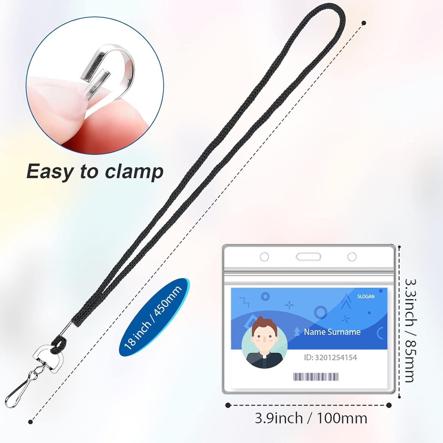 100Pcs Clear Plastic Horizontal Name Tag Badge ID Card Holders and 100Pcs Black Neck Lanyards with Swivel Hook for School, Office, Business