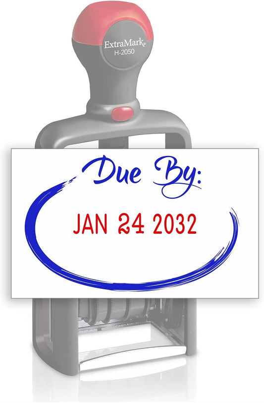 Heavy Duty Style Office Date Stamp with Due by: - Self Inking Dater - Style C - Blue & Red Ink Color