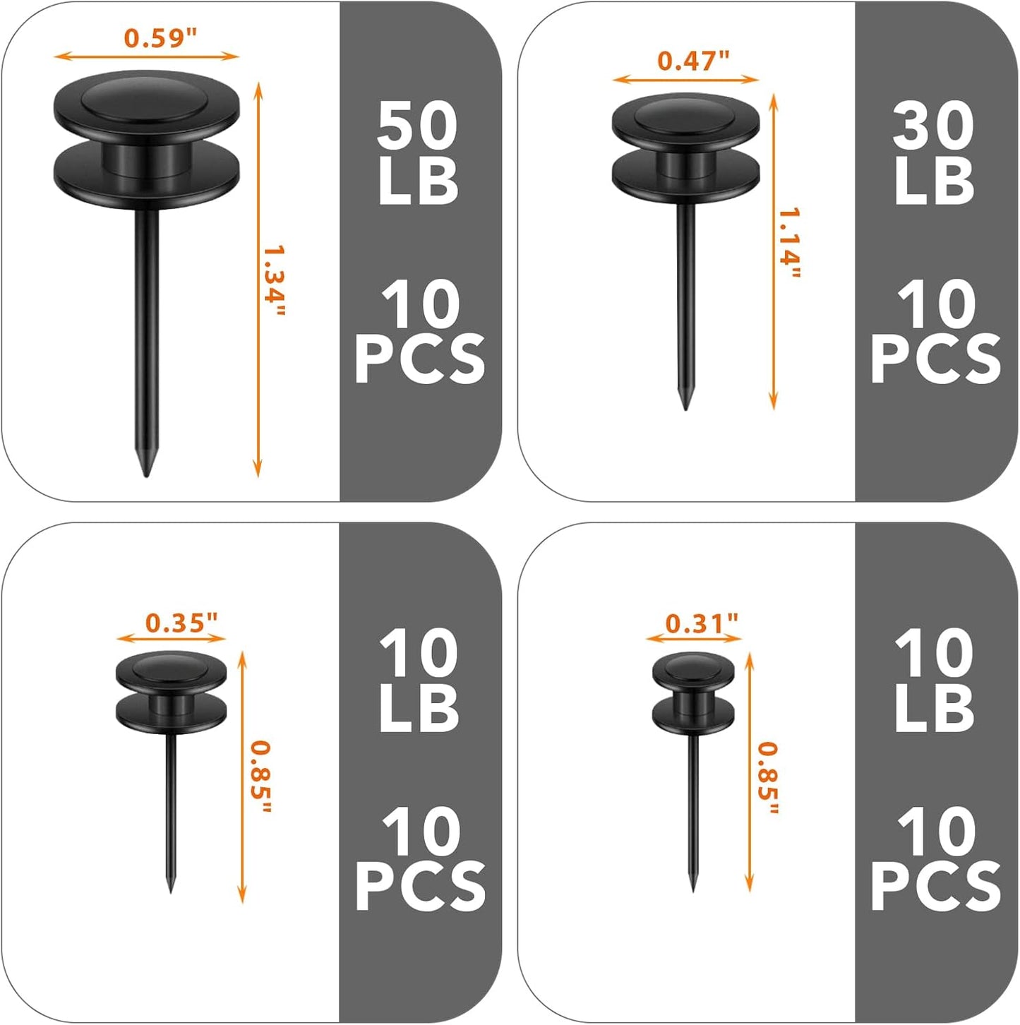 40 PCS Picture Hangers Nails 4 Size Long Heavy Duty Thumb Tacks for Wall Double Headed Push Pins Picture Hooks, Renter Friendly Decor Thumbtacks for Tapestry Frame Art Photos,10/20/ 30/ 50lb(Black)