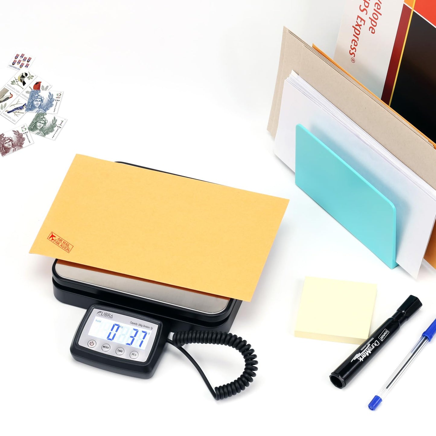 110 lb (50 kg) Digital Postal Scale, Stainless Steel Pan, Backlit Display, Piece Counting, Multiple Units, Capacity: Max 50 kg (110 lb), Min 5 g (0.2 oz), Division 1 g / 0.1 oz