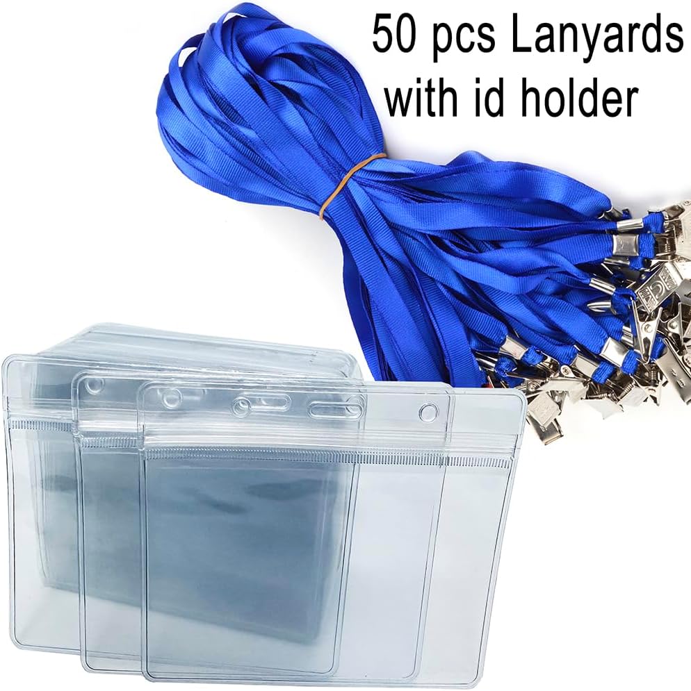 50pcs Clear Badge Holder with Lanyard Waterproof Type Clear ID Badge Holder with Lanyards for Name Tags ID Card (Blue, Horizontal)