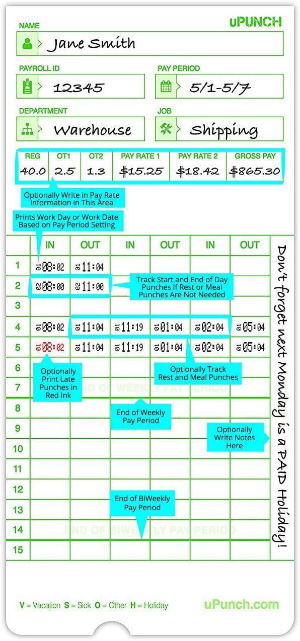 uPunch Time Clock Cards Hn3000, Two Sides, 7.37 X 3.37, 50/Pack