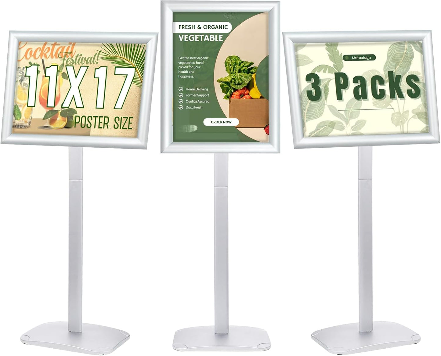 3Pcs Heavy Duty Pedestal Sign Holder for Display, 11 x 17 inches Adjustable Floor Standing Sign Holder with Weighted Base , Sign Stand for Indoor/Outdoor Advertising，Silver