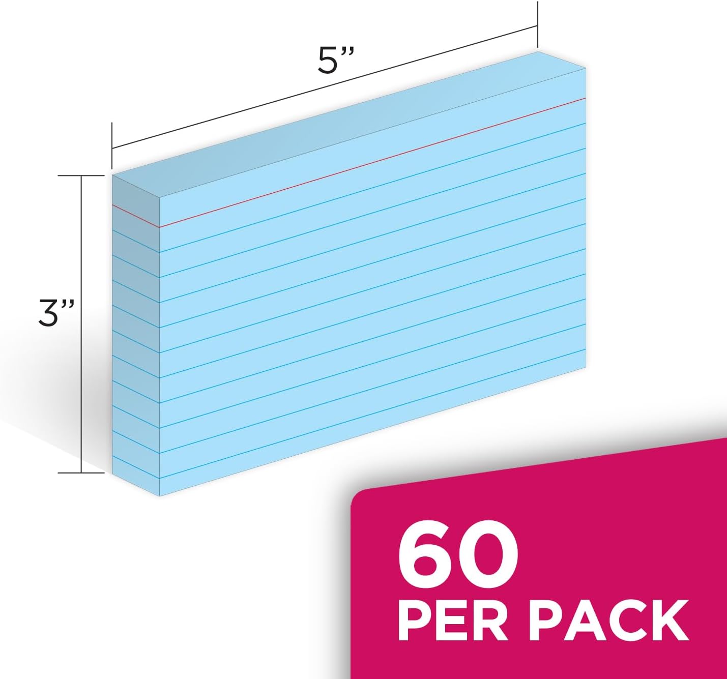 KAISA Colored Index Card Heavyweight Flashcards, 3"x5" Index Cards Ruled on Front, Blank on Back Index Cards, Blue 3 pack of 60 Count(Total 180CT)