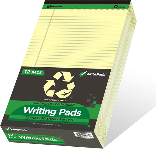 KAISA Yellow Legal Pads Writing Pads Recycled Paper 8.5"x14" Wide Ruled Lined Paper Perforated 50 sheets Hard Back Notepads Large Legal Pad Writing Tablet Canary For Office Supplies (Canary 12pads)