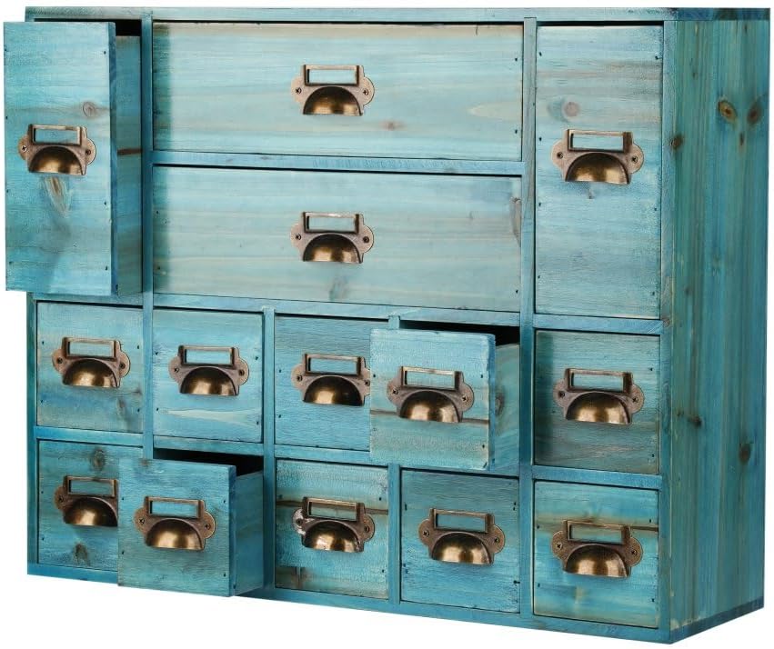 Apothecary Drawers Card Catalog Cabinet with 14 Drawers Wooden Card Catalog Wooden Storage Box for Desktop Organizer (Blue)