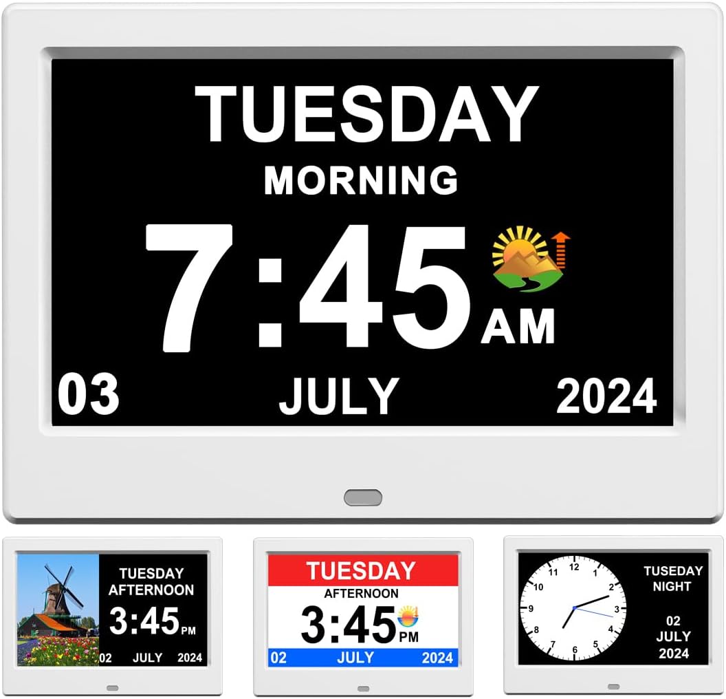 Alarm Clock with Day and Date for Elderly Digital Calendar Clock Photo Frame- Auto Dimmable Display 15 Alarm Options (7inch White)