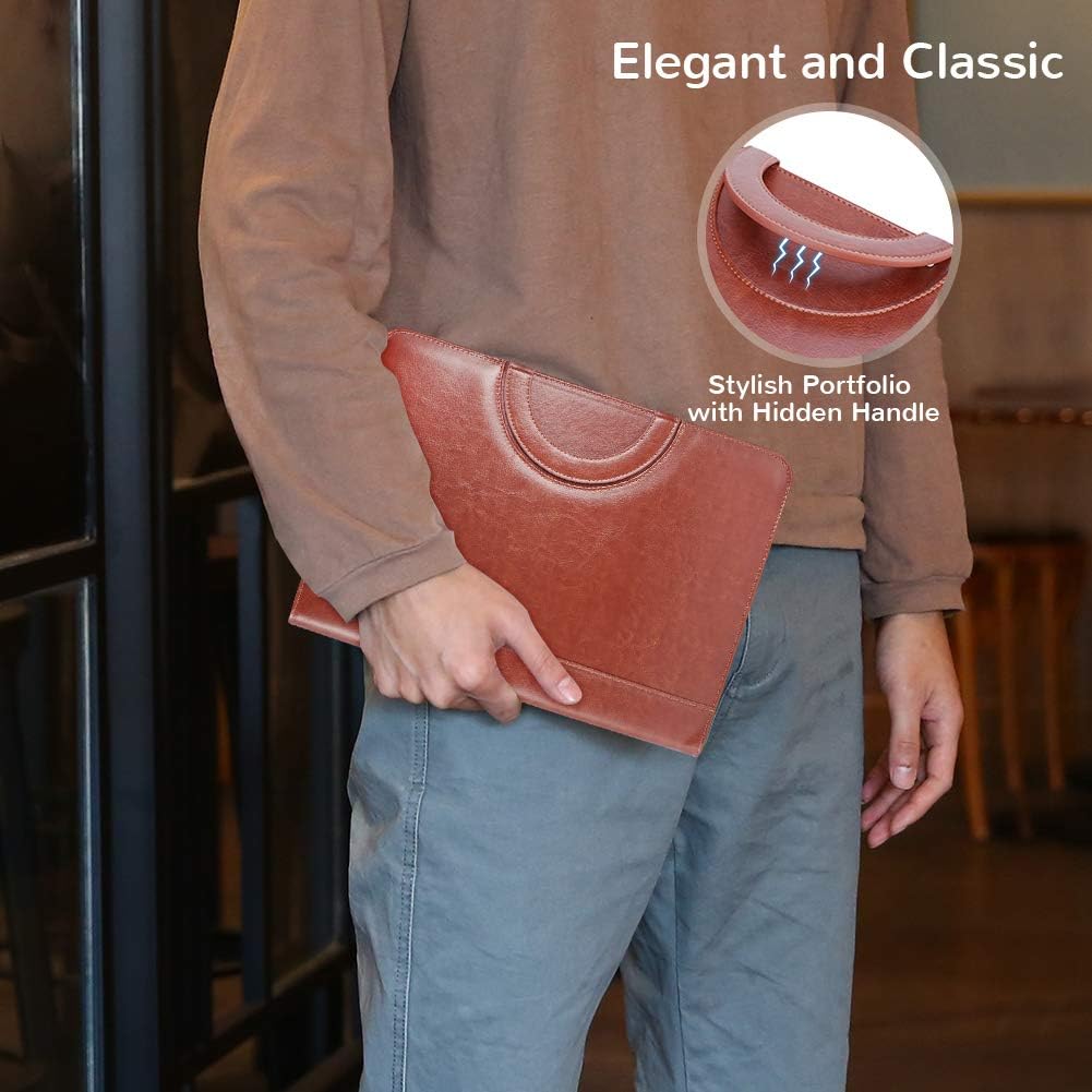 Darolin Zippered Leather Padfolio Portfolio with Hidden Handle and Clipboard, Business Conference Organizer Notepad Folder, Portfolio Bag, Padfolio for Women/Men (Brown)