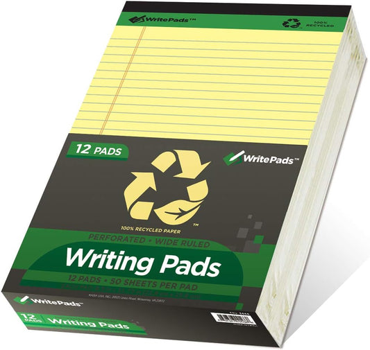 KAISA Yellow Legal Pads Writing Pads Recycled Paper, 8.5"x11.75" Wide Ruled Perforated 50 sheets Hard Back Notepads 8-1/2"x 11-3/4" Writing Tablet Canary For Office Supplies (Pack of 12pc) KSU-5668