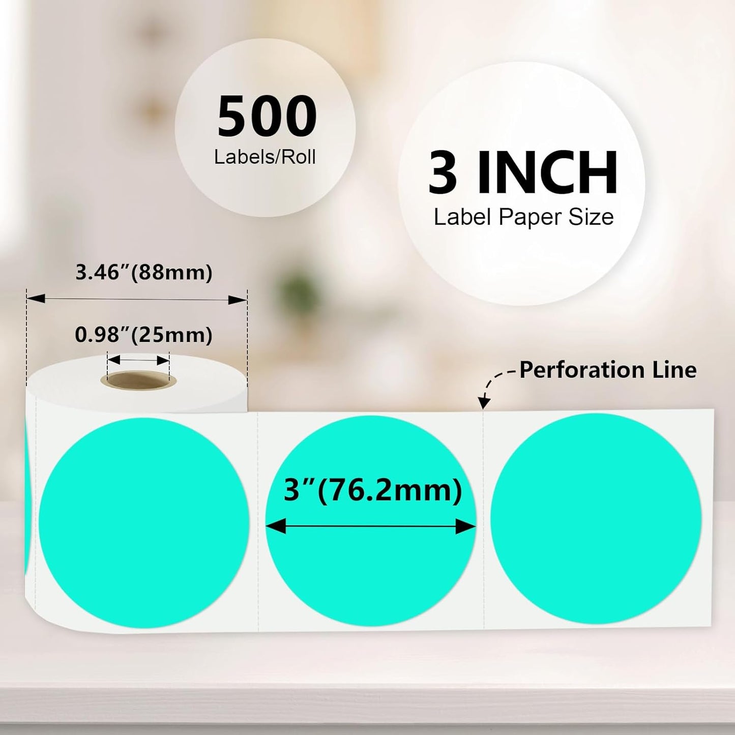 3 X 3 Inch Color Coding Dot Labels Circle Thermal Printable Waterproof 500 Pcs Round Stickers Adhesive Writable for Office, Home, Garage, DIY Sticker, Barcodes, Name Tag, Watercolor Green