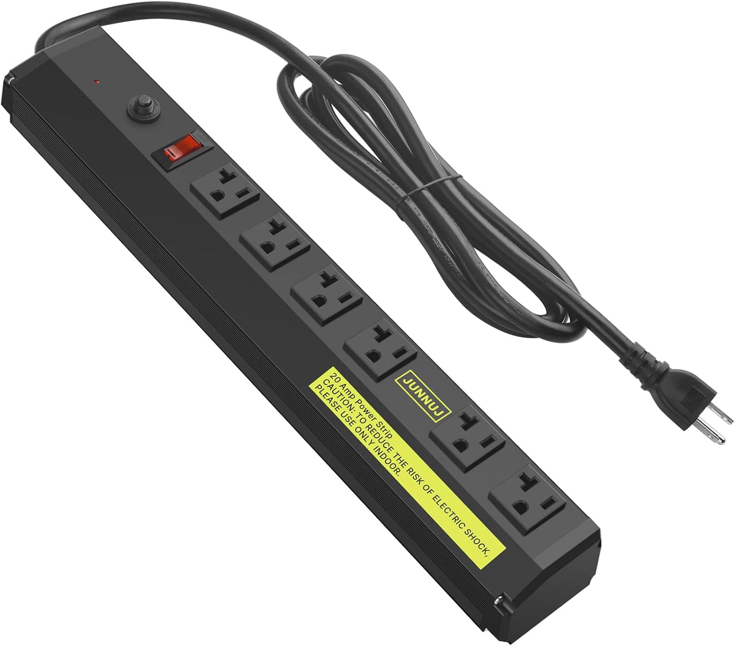 JUNNUJ Heavy Duty Metal Power Strip 20 Amp, High Amp Surge Protector 6 Outlet, 20A Power Strips Workshop Industrial Outlets Wide Spaced 6-20R T-Slot with Circuit Breaker, 12 Gauge Extension Cord 15ft