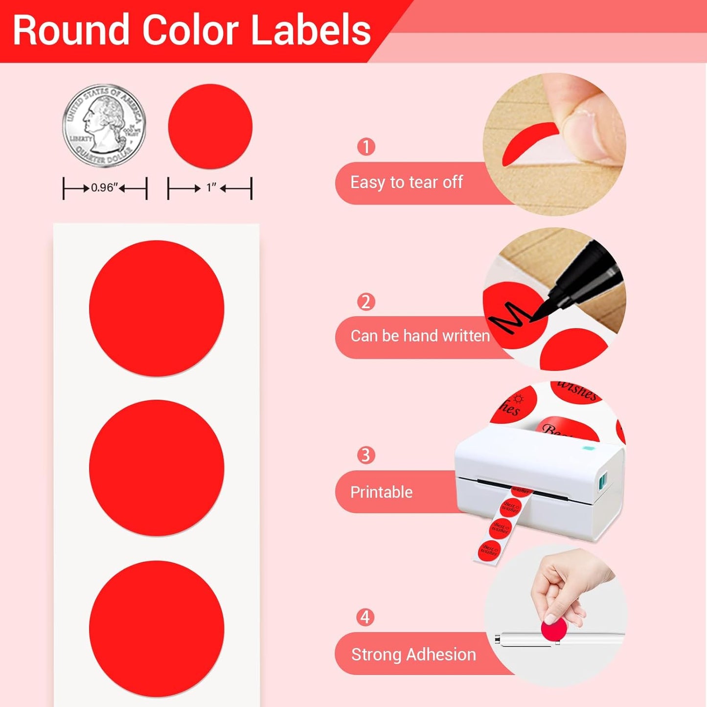 1 Inch Circle Dot Stickers 1000 PCS Red Color Coding Thermal Labels Dots Writable Printable Small Round Stickers for Office, Classroom, Inventory, Garage, Organizing Storage, DIY